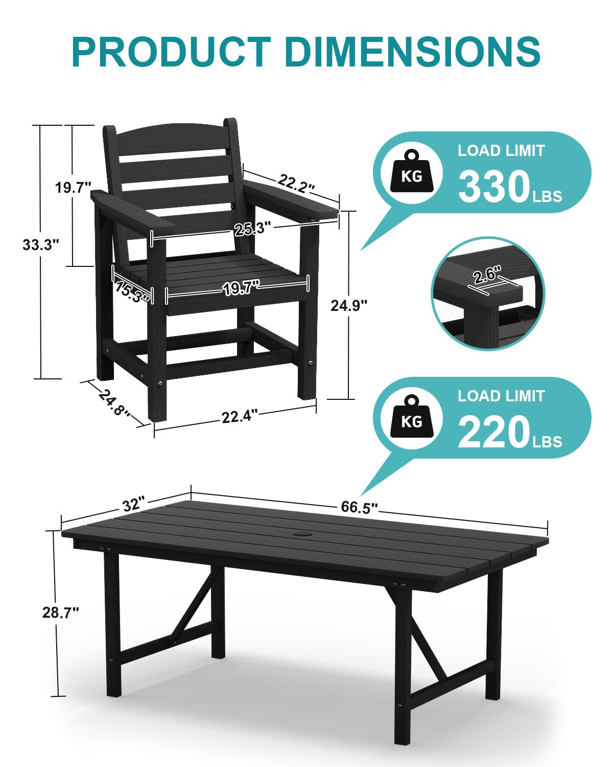 PLUUV Outdoor HDPE Dining Set, 7 Pieces Outdoor Furniture with Large Table& 6 Chairs, All-Weather Patio Dining Set for Lawn, Garden, Backyard, Black PLUUV