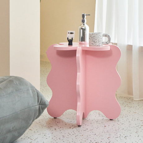 XBAOMING Coffee Table, Mini Petal Coffee Table Cartoon Solid Wood Wave Side Table Simple Bedroom Bedside Colored Small Table,Pink XBAOMING