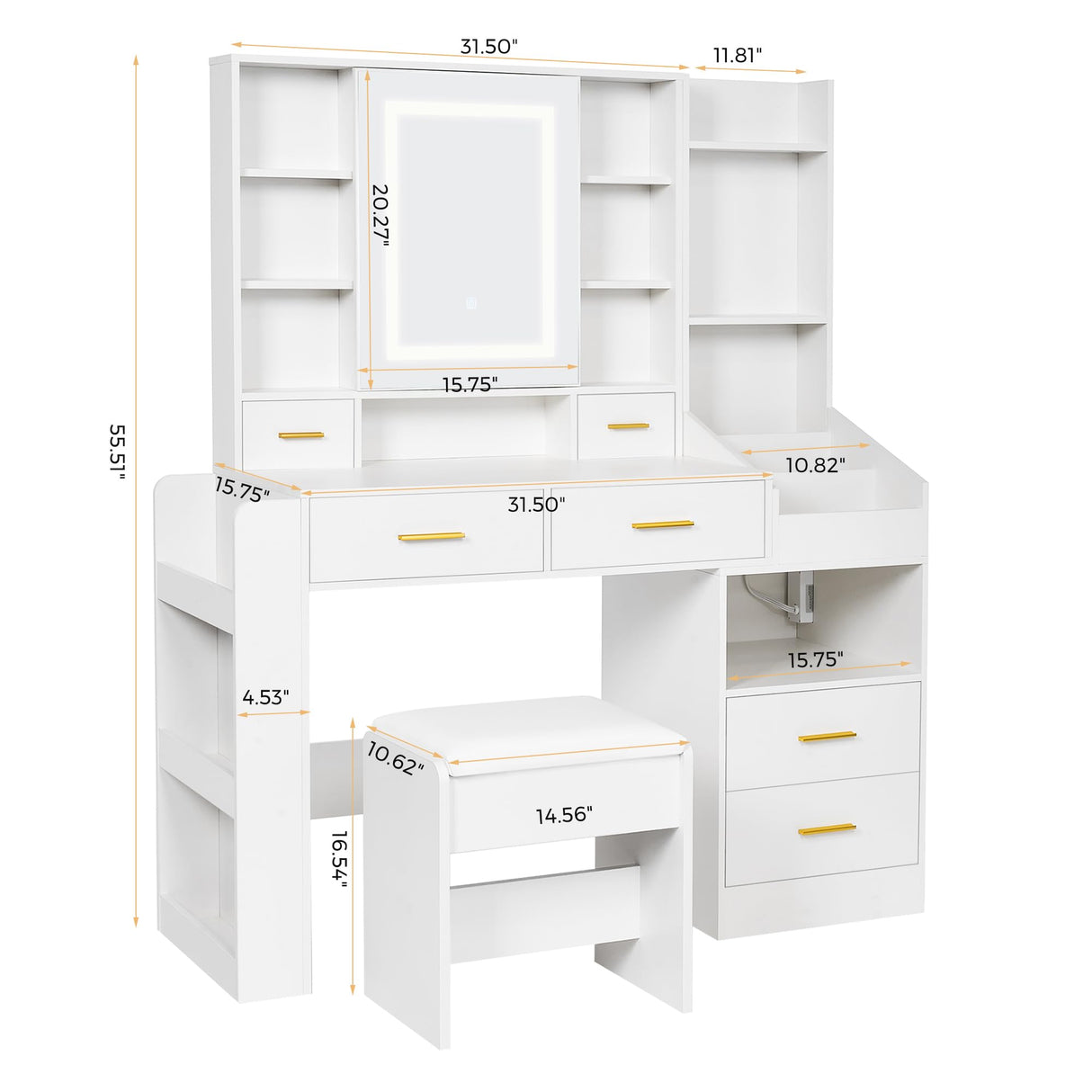 BEWISHOME White Vanity Desk with Mirror and Lights,Large Vanity with 3 Lighting Modes,Drawers,Open Storage,Makeup Vanity Set Makeup Desk Dressing Table,Big Vanity Table with Charging Station FST25W BEWISHOME