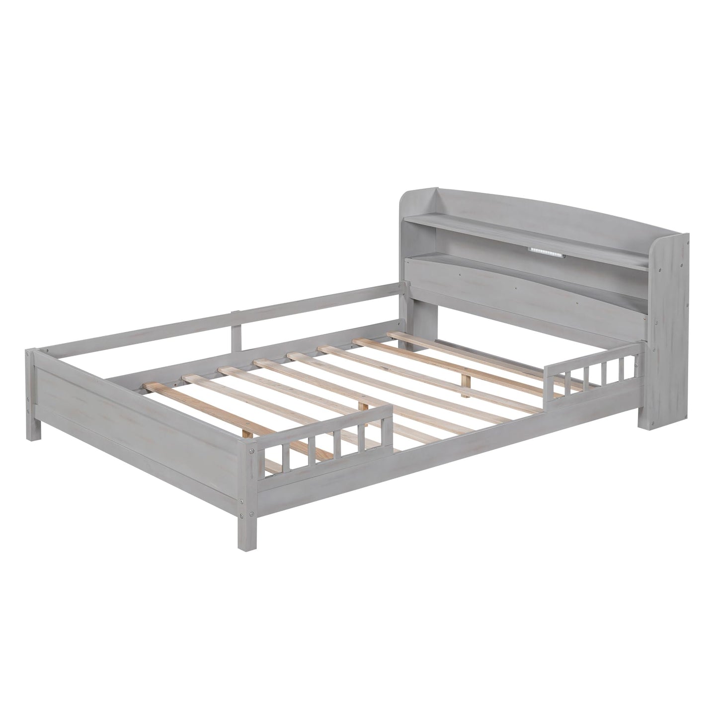 Bellemave Full Size Low Platform Bed with LED Light, Storage Headboard & Safety Rails for Kids in Grey - WoodArtSupply