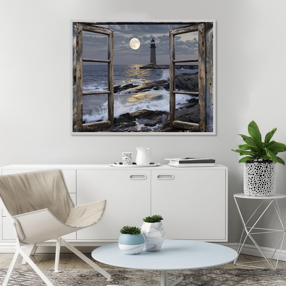 Paint by Numbers Kit for Adults- Lighthouse Adult Paint by Number Kits on Canvas for Beginners, DIY Beach Scene Acrylic Oil Number Painting Kits for Home Wall Decor 16"x 20" (Without Frame) Clendo