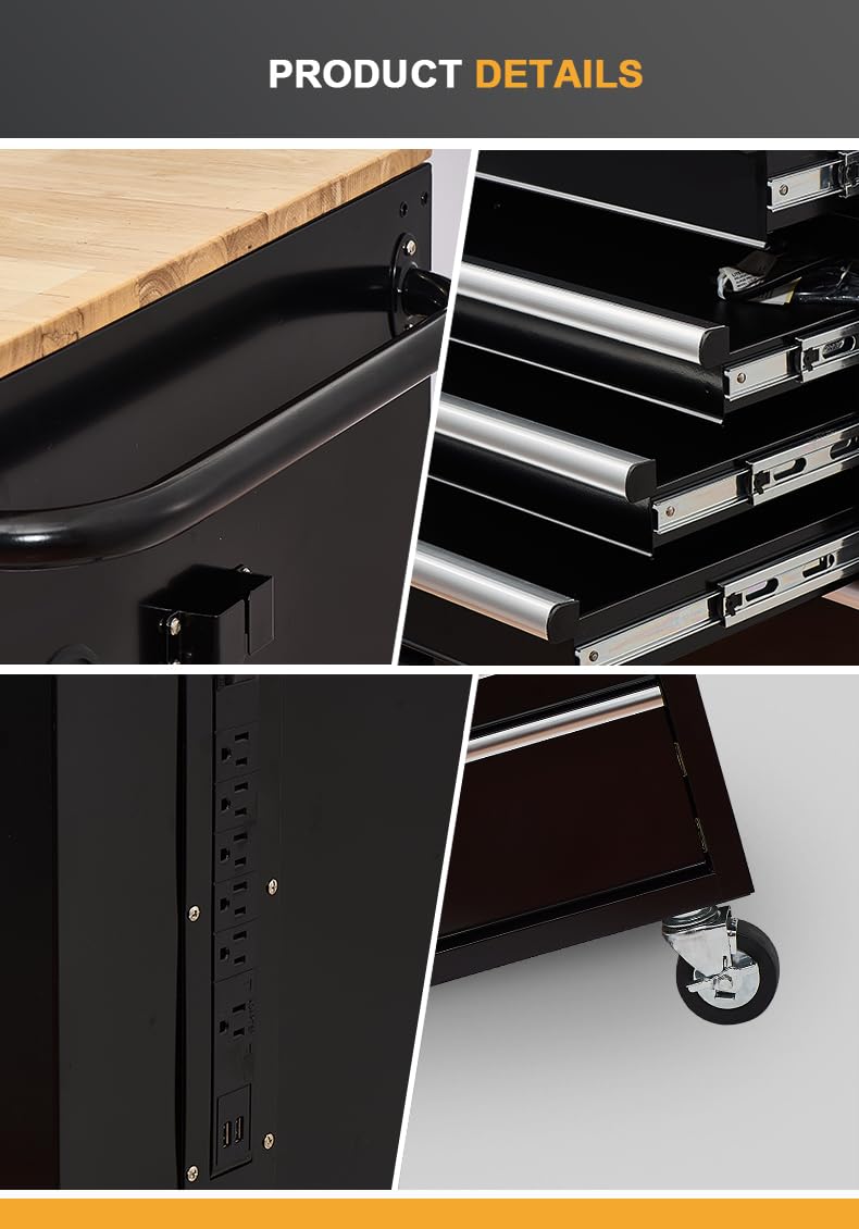 TOOL DORM Rolling Large Tool Chest Extra-Deep 46-Inch 9 Drawers, Big Tool Chest with Drawers, Workbench with Wooden Top & Integrated Power Strip, Rolling Toolbox with Drawers and Locking System TOOL DORM