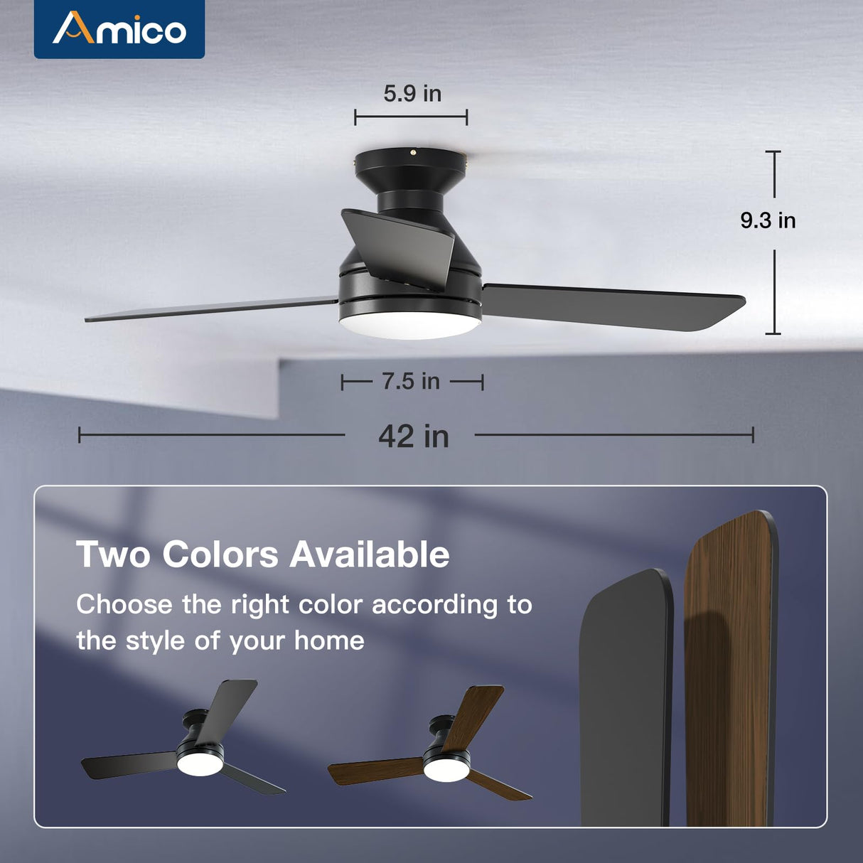 Amico Ceiling Fans with Lights, 42 inch Low Profile Ceiling Fan with Light and Remote Control, Flush Mount, Reversible, 3CCT, Dimmable, Noiseless, Black Ceiling Fan for Bedroom, Indoor/Outdoor Use Amico