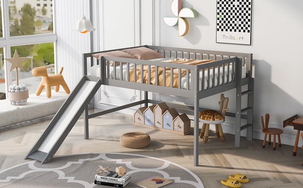 Full Size Low Loft Bed with Slide, High Guardrail & Ladder,Loft beds with Safety Rails,Wooden Full Loft Bed Frame for Kids,Boys,Girls,No Box Spring Needed.(Gray) Bellemave