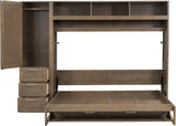 MERITLINE Full Horizontal Murphy Bed with 1 Wardrobe, 3 Drawers and 3 Open Shelves,Antique Wood Folding Murphy Wall Bed Cabinet MERITLINE