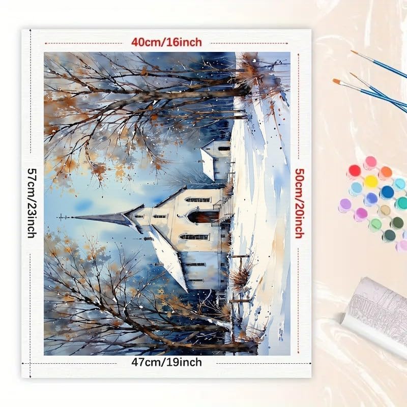 Winter Church Paint by Numbers Kit for Adults - DIY Snowy Chapel Scene Painting on Canvas 16x20 Inches, Acrylic Paint Set, Suitable for Beginners, Tranquil Art for Home Decoration or Gifts TAOPAOLAB