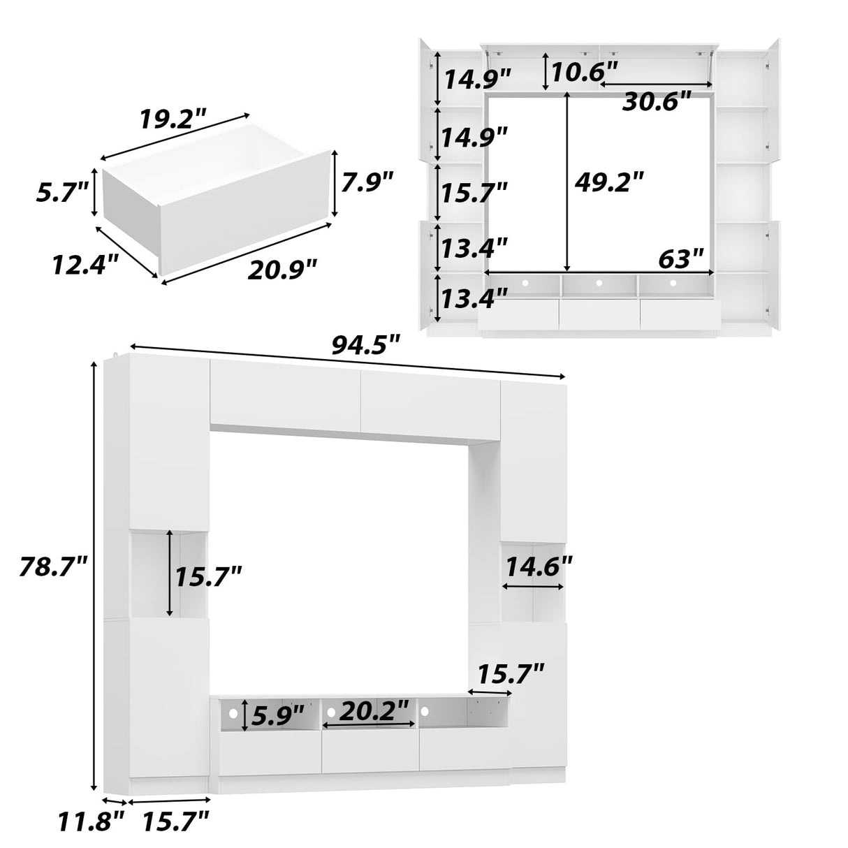 TAMUNE Large Entertainment Center with Bookshelves, High Gloss Wall Unit TV Stand, Modern Media Center with Shelves and Drawers, Doors, for Living Room White 11.8”D x 94.5”W x 78.7”H TAMUNE