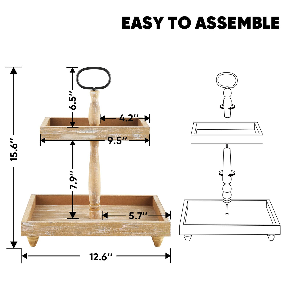 Tiered Tray Stand, Rustic Wooden 2 Tier Decorative Tray with Bead Garland, Farmhouse Square Wood Serving Tray Counter Centerpiece for Coffee Bar Home Decor Thanksgiving Housewarming Gifts (Brown) SYNCVIBE