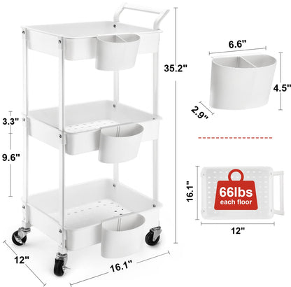 3-Tier Utility Rolling Cart,Mobile Utility Cart with Lockable Caster Wheels,Storage Shelves Organizer Cart, 3 Hanging Baskets, Easy Assembly,for Bathroom, Kitchen, Office, Workshop,White