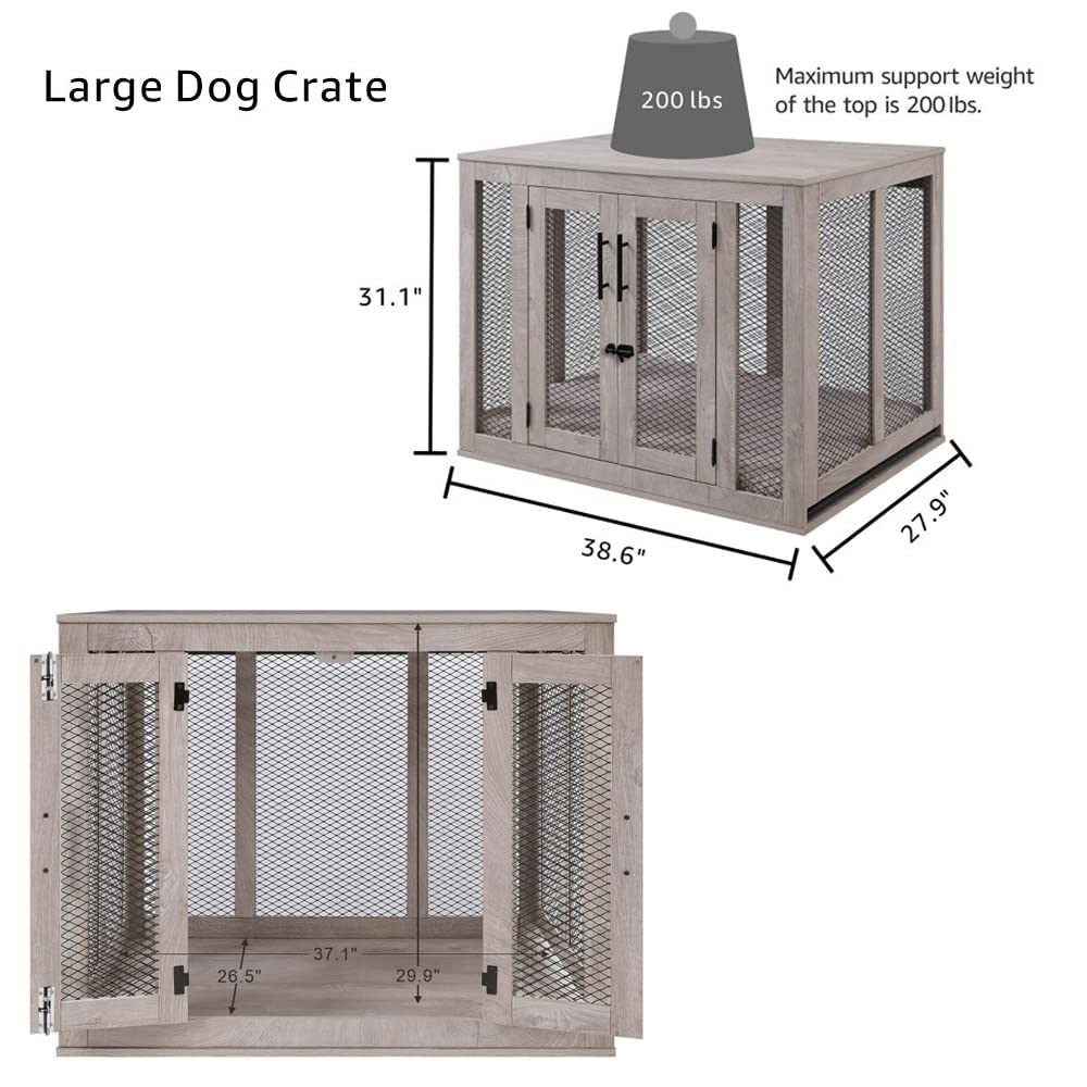 unipaws Large Dog Crate Furniture, Wooden Dog Kennel for Large Breed, Indoor Decorative Wood Dog Cage, Inside Side End Table Crate with Tray and Dog Bed, Dog Enclosure, for Dogs Up to 70 lbs - WoodArtSupply