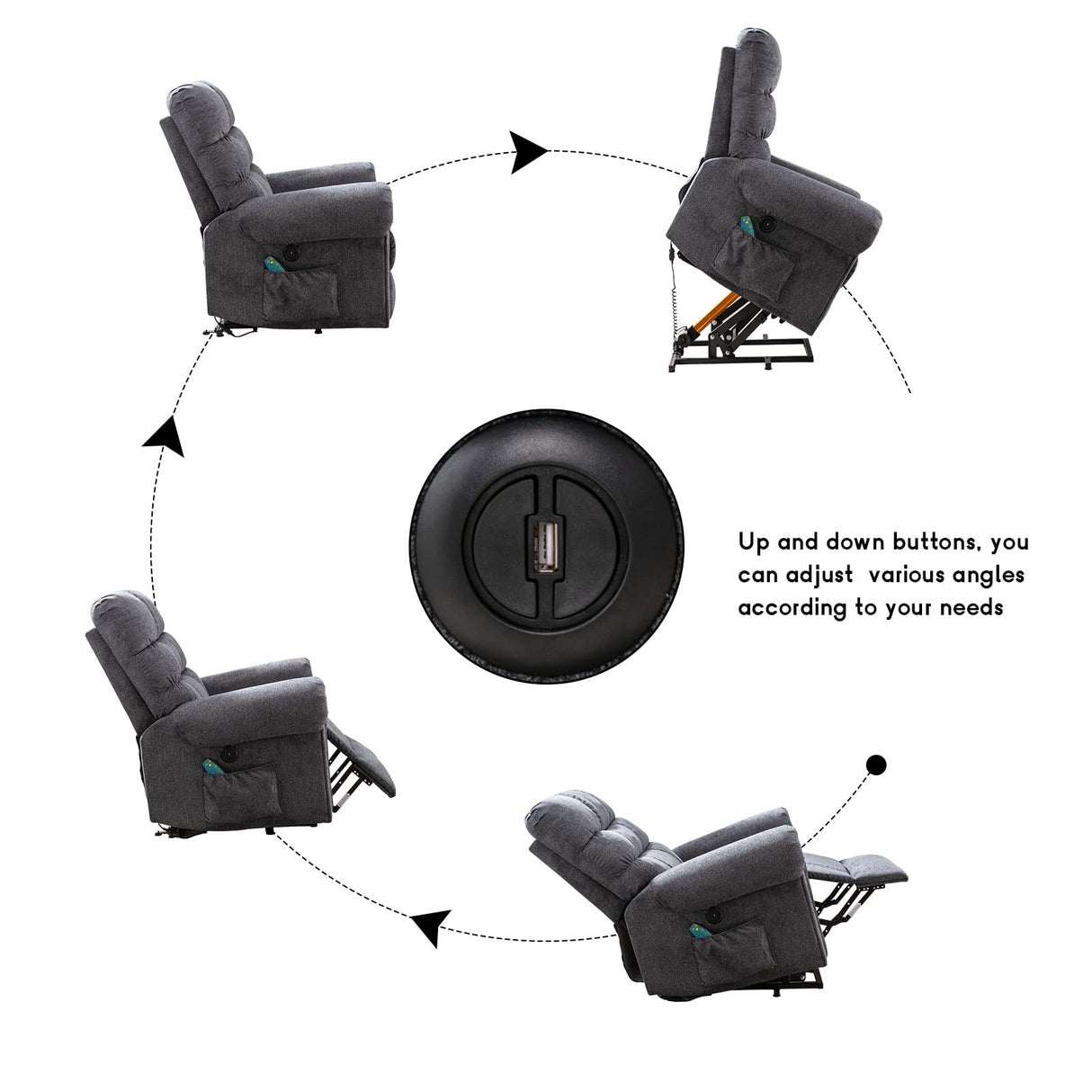 CANMOV Large Power Lift Recliner Chairs with Massage and Heat for Elderly Big People, Heavy Duty Electric Reclining Chairs Overstuffed Wide Recliner with USB Port and Side Pocket, Gray CANMOV