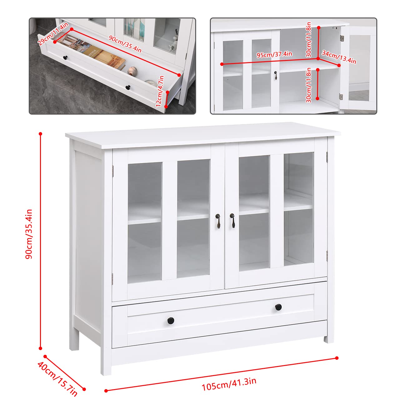 Large Buffet Cabinet for Living Room Kitchen, White Storage Sideboard with Glass Doors and Drawer, Credenza Console Table for Dining Room Entryway, Wooden Serve Cupboard Pantry Cabinet with S - WoodArtSupply