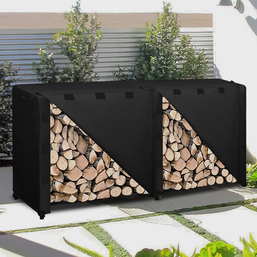 Easy-Going 8 Feet Outdoor Log Rack Cover 600D Heavy Duty Waterproof Weatherproof Firewood Cover with Openable Front Flap（96"x24"x41", Black - WoodArtSupply