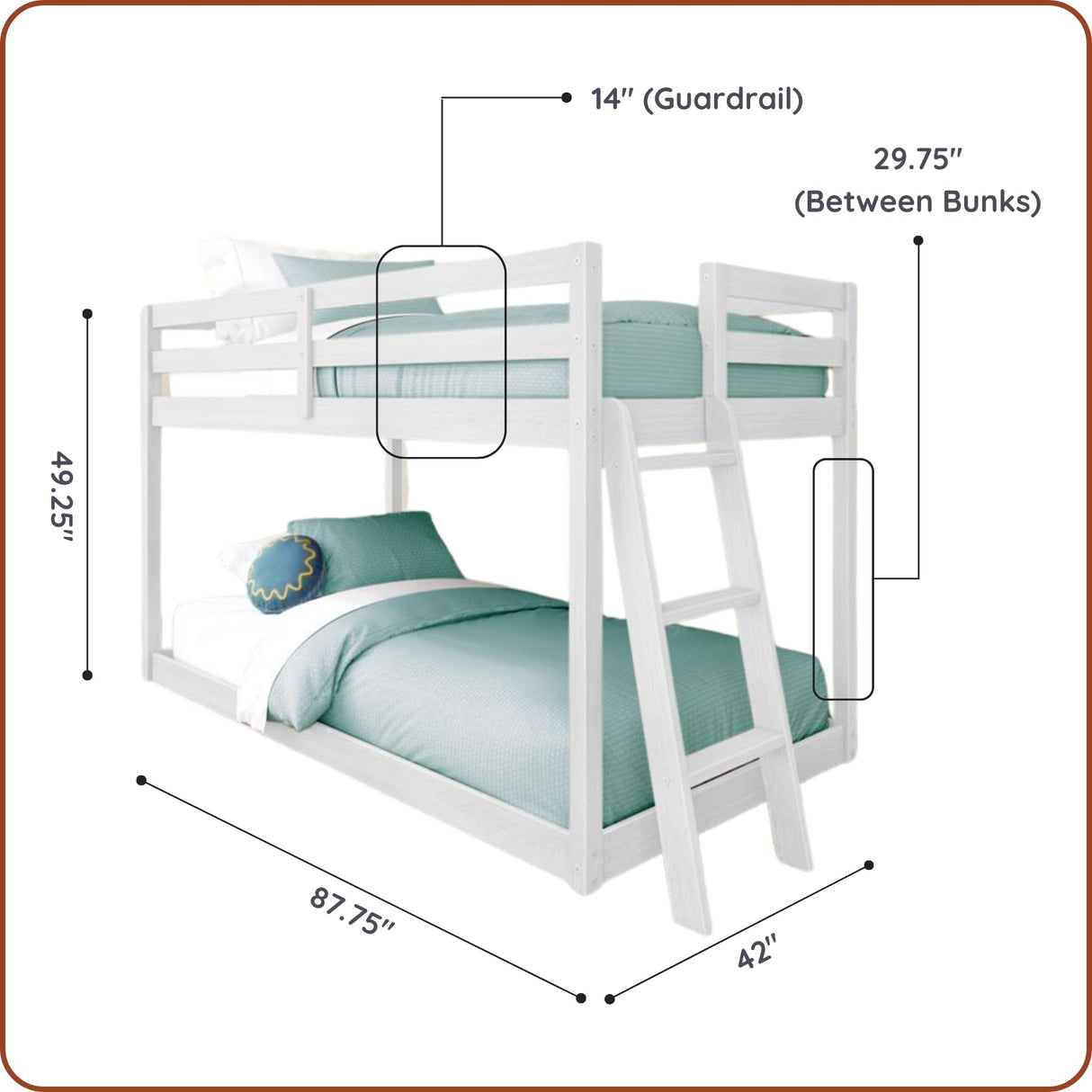 Grain & Grove Bear Twin Over Twin Bunk Bed, Low Bunk Bed Frame for Kids, Bunk with Ladder, Guardrail, and Slats, No Box Spring Required, Brushed White Grain & Grove