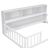 Harper & Bright Designs Twin Floor Bed with Bedside Bookcase, Shelves, Guardrails, Wood Montessori Bed with Storage, White Harper & Bright Designs
