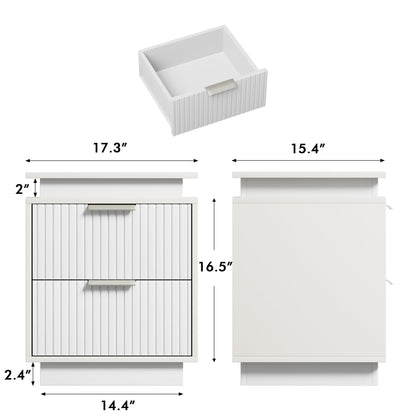 YESHOMY Nightstand with LED Lights, End Table with 2 Drawers and Waveform Panel, Night Stand with Handles, for Bedroom and Apartment, Pure White