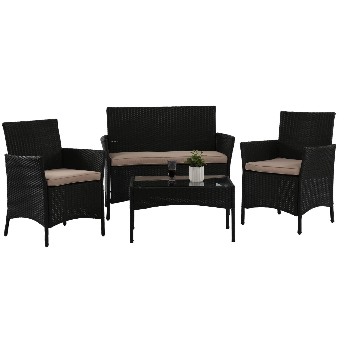 4 Pieces Patio Furniture Set Rattan Outside Furniture Wicker Sofa Garden Conversation Sets with Soft Cushion and Glass Table for Yard Pool or Backyard,Black - WoodArtSupply