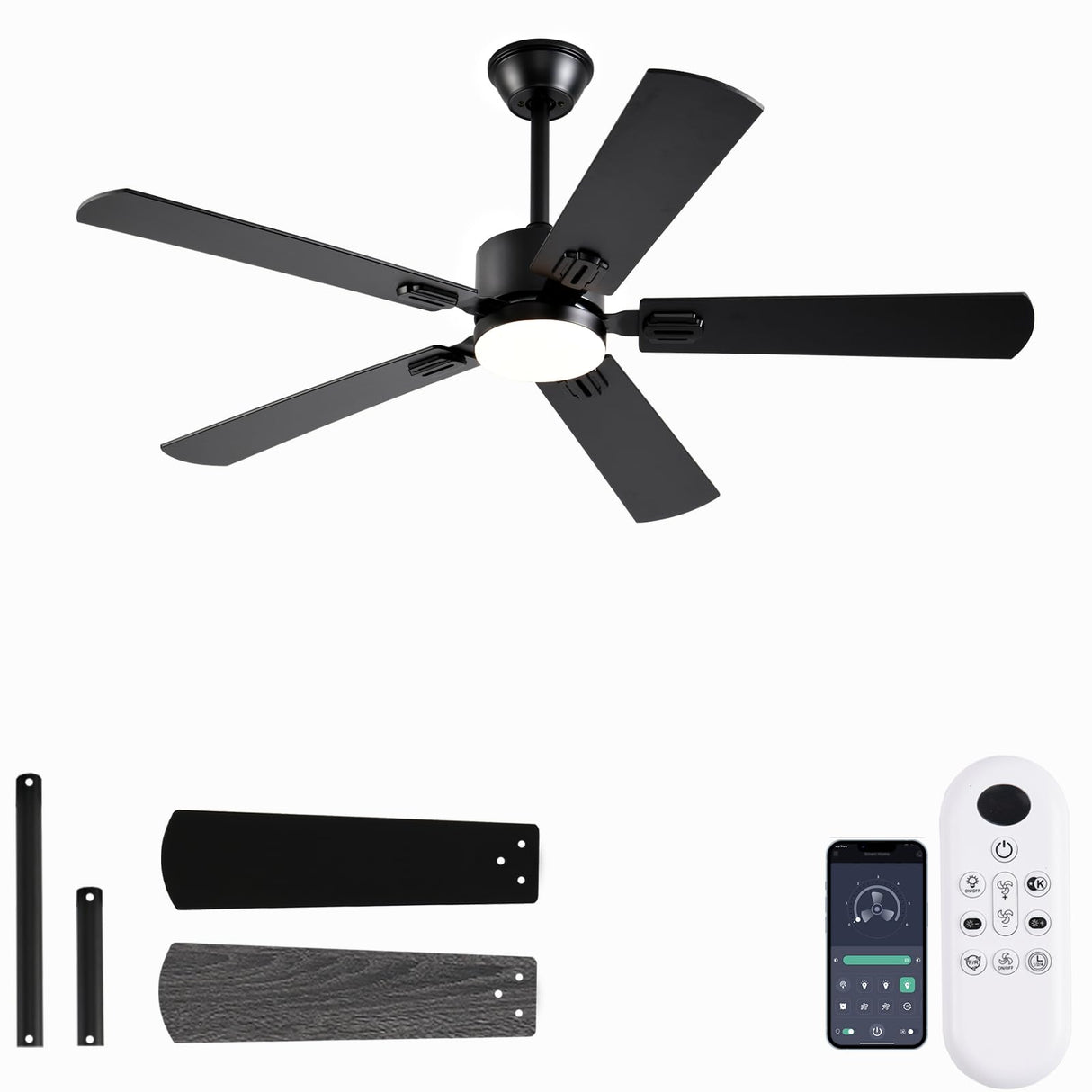 FUMLTP 52 inch Modern Ceiling Fans with Lights APP/Remote Control, Low Profile Reversible 6 Speeds Ceiling Fan Light for Indoor/Outdoor Patio Bedroom Living Room,Black FUMLTP