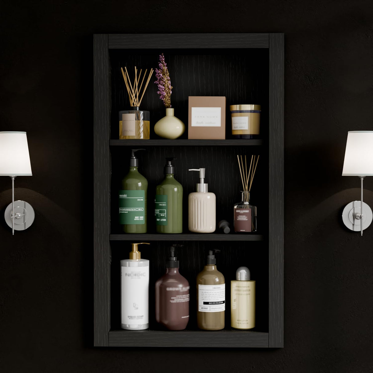 HAIDAIYA 14'' * 24'' Recessed Medicine Cabinet Wall Niche Wood, 3-Tier Bathroom Niche Insert for Drywall, in Wall Shelf Medicine Cabinets Replacement, for Living Room, Bathroom Storage, Black HAIDAIYA