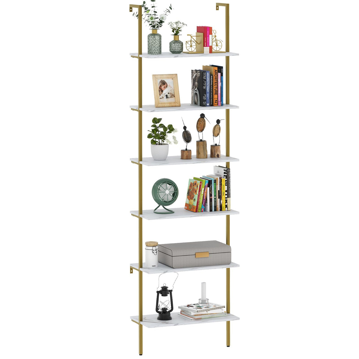 Wolawu Ladder Shelf 6 Tiers Marble White Modern Bookshelf Open Tall Wall Mount Bookcase Standing Leaning Wall Shelves Industrial Decorative Living Room Bed Room Wolawu