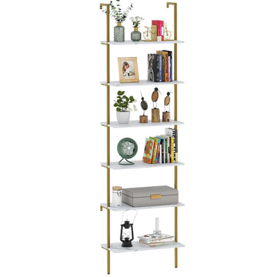 Wolawu Ladder Shelf 6 Tiers Marble White Modern Bookshelf Open Tall Wall Mount Bookcase Standing Leaning Wall Shelves Industrial Decorative Living Room Bed Room