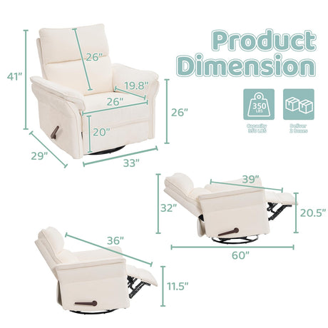 Oversized Rocking Chair Nursery with Adjustable Headrest, 26" Extra Wide Glider Recliner Nursery Chair for Nursery, 360° Swivel Rocker Recliner with Overstuffed Armrest, White RUTOX