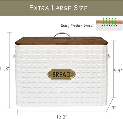 EMAX HOME Extra Large Space Saving Farmhouse Bread Box With Wood Lid - Vertical Breadbox Bread Storage Bin Holder for Kitchen Countertop, White - WoodArtSupply