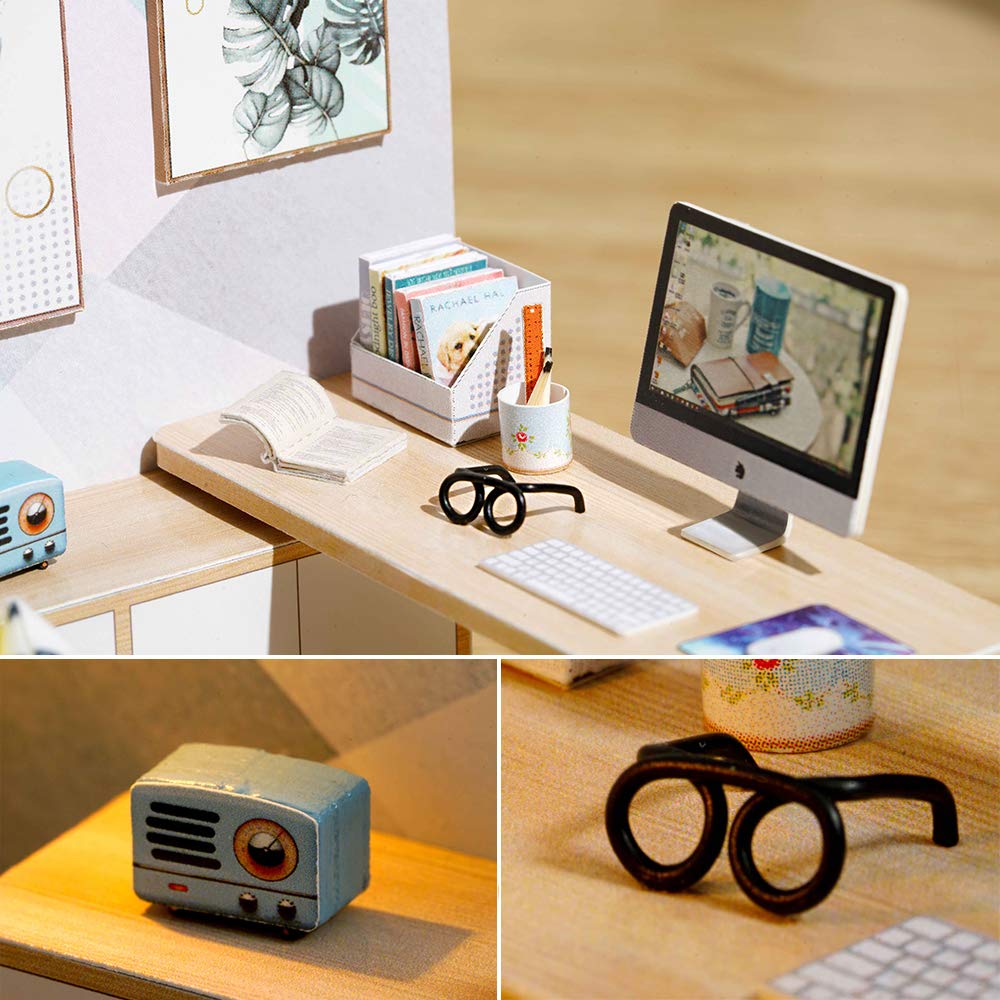 piberagi DIY Miniature Dollhouse Kit, 1:32 Scale Creative Room Mini Wooden Doll House with Furniture Plus Dust Proof for Kids Teens Adults(Study Room) piberagi