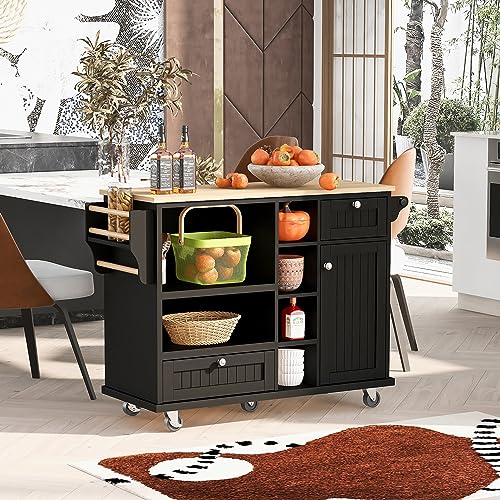 WOODRK Kitchen Island Cart with Storage Cabinet and 2 Locking Wheels, Solid Wood Desktop Microwave Cabinet, Floor Standing Buffet Server Sideboard, for Kitchen Room, Dining Room, Bathroom, Bl - WoodArtSupply