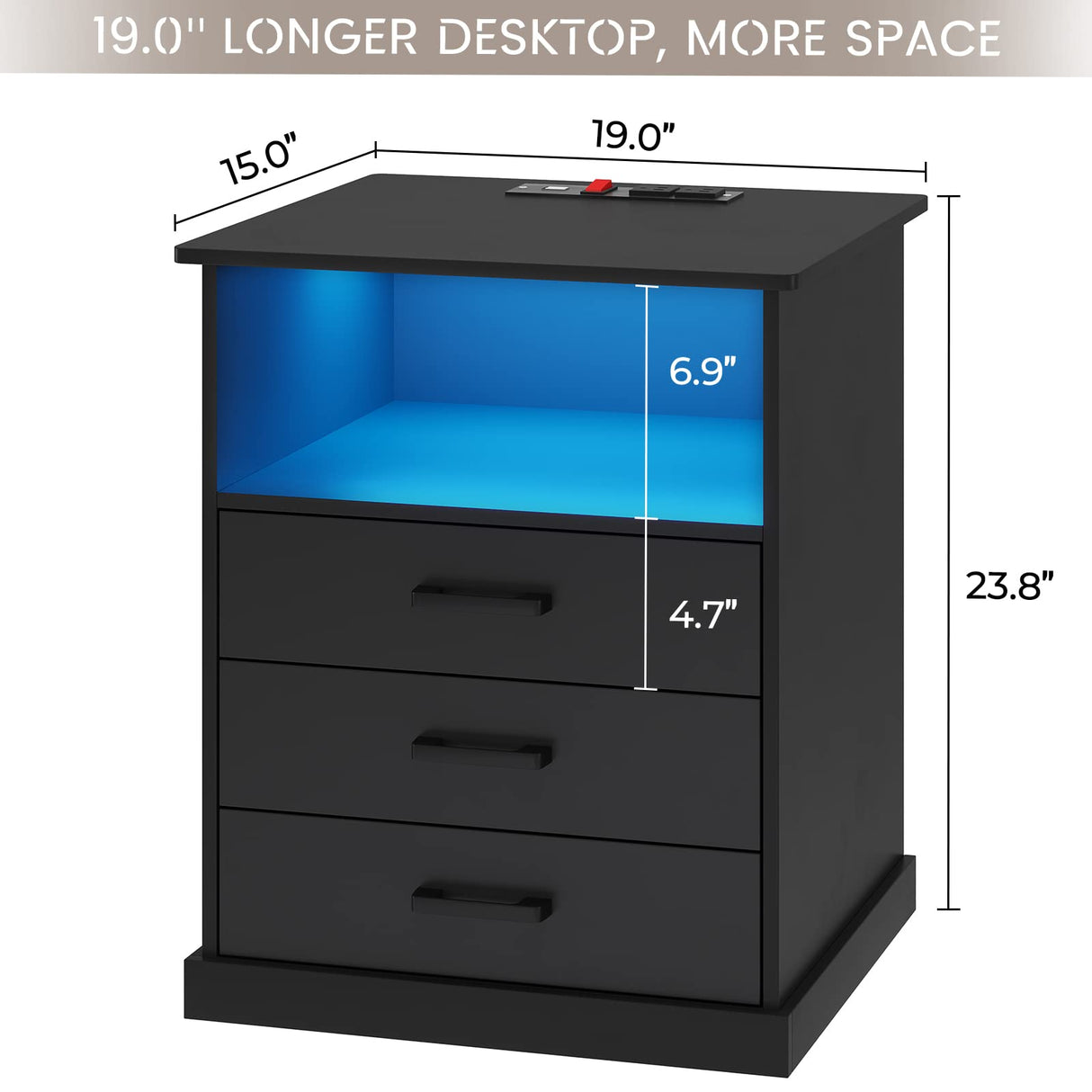 Hasuit Nightstand with Charging Station and LED Lights, Large Bedside Table with 3 Storage Drawer, Black Night Stand for Bedroom, Wider Tabletop 19.0''(L) x 15.0''(W) Hasuit