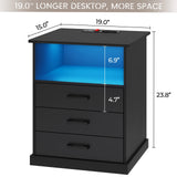 Hasuit Nightstand with Charging Station and LED Lights, Large Bedside Table with 3 Storage Drawer, Black Night Stand for Bedroom, Wider Tabletop 19.0''(L) x 15.0''(W) Hasuit