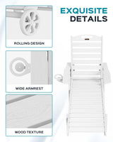 Lounge Chair Outdoor, Oversized Chaise Lounge Chair with 5 Positions, HDPE, Patio Lounge Chair with Wheels & Cup Holder for Pool, Deck, Poolside, White Ciokea