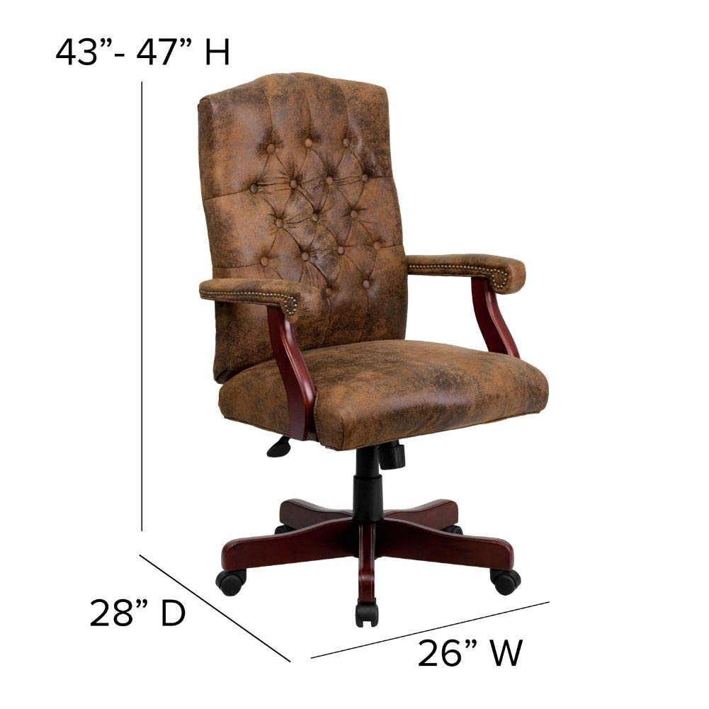 Flash Furniture Derrick Traditional Microfiber Tufted Swivel Office Chair with Wood Base, Ergonomic Farmhouse High-Back Desk Chair, Bomber Brown Flash Furniture