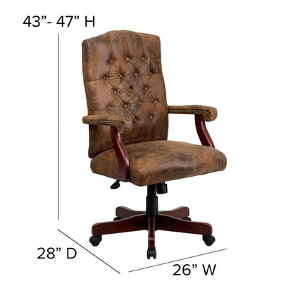 Flash Furniture Derrick Traditional Microfiber Tufted Swivel Office Chair with Wood Base, Ergonomic Farmhouse High-Back Desk Chair, Bomber Brown - WoodArtSupply