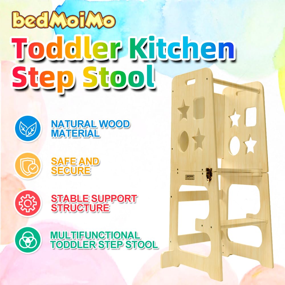bedmoimo Kids Kitchen Step Stool for Kids with Safety Rail,Solid Wood Construction Toddler Learning Stool Tower, Montessori Toddlers Kitchen Stool, Natural bedmoimo