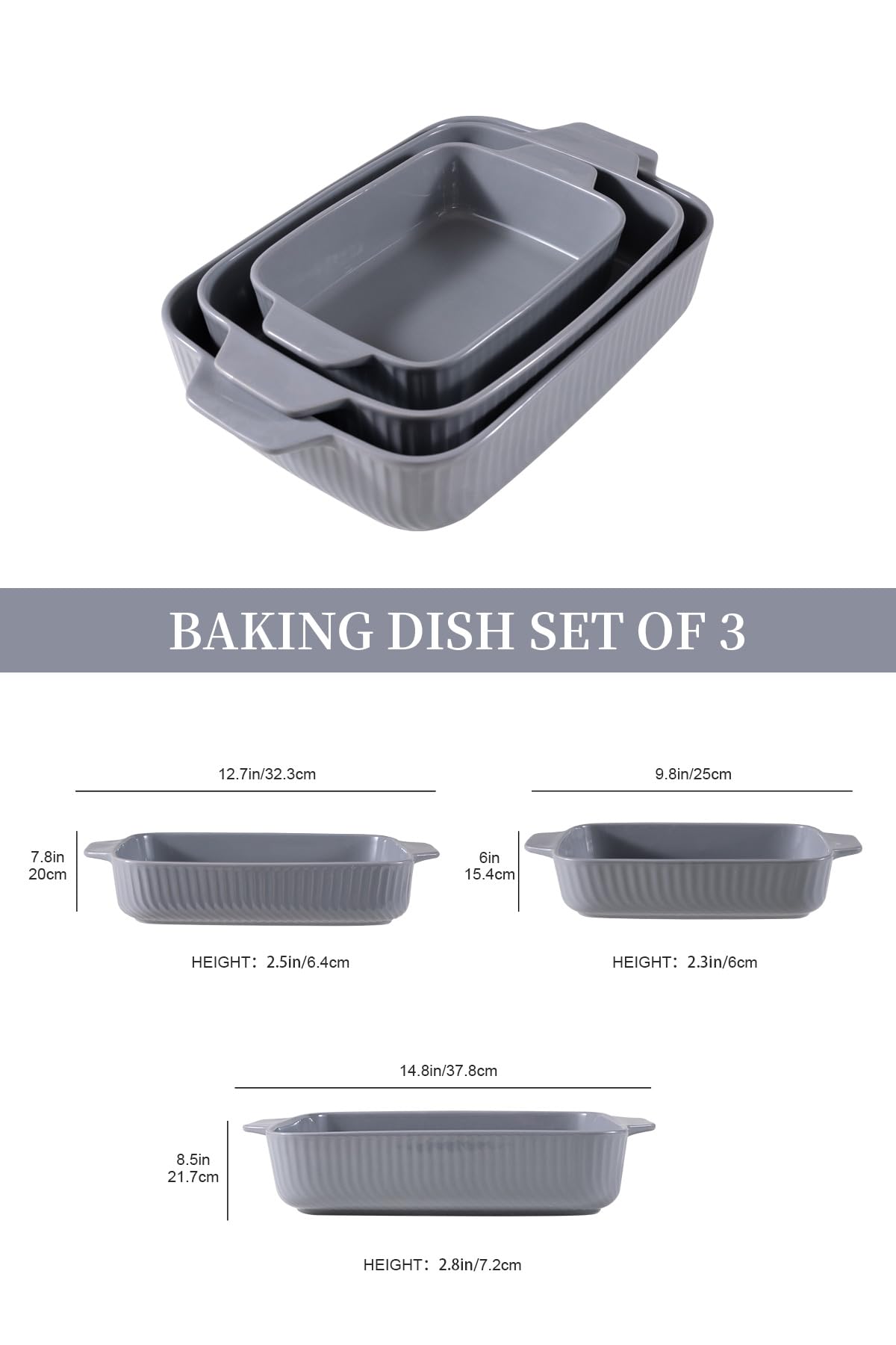 Yachi Ceramic Baking Dish Set: 3 Pcs Rectangular Bakeware Set Casserole Dishes with Handle for Steak | Beef | Roast | Chicken | spaghetti | Lasagna | vegetables Microwave, Oven and Dishwasher Safe (Gray)