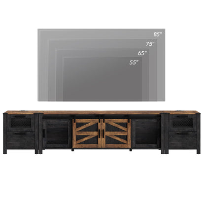 WAMPAT TV Stand Set with Charging Station and Drawers,85 inch Farmhouse Entertainment Center with Sliding Barn Door,Media TV Console with Storage Shelf for Living Room Bedroom，Dark Walnut and Black