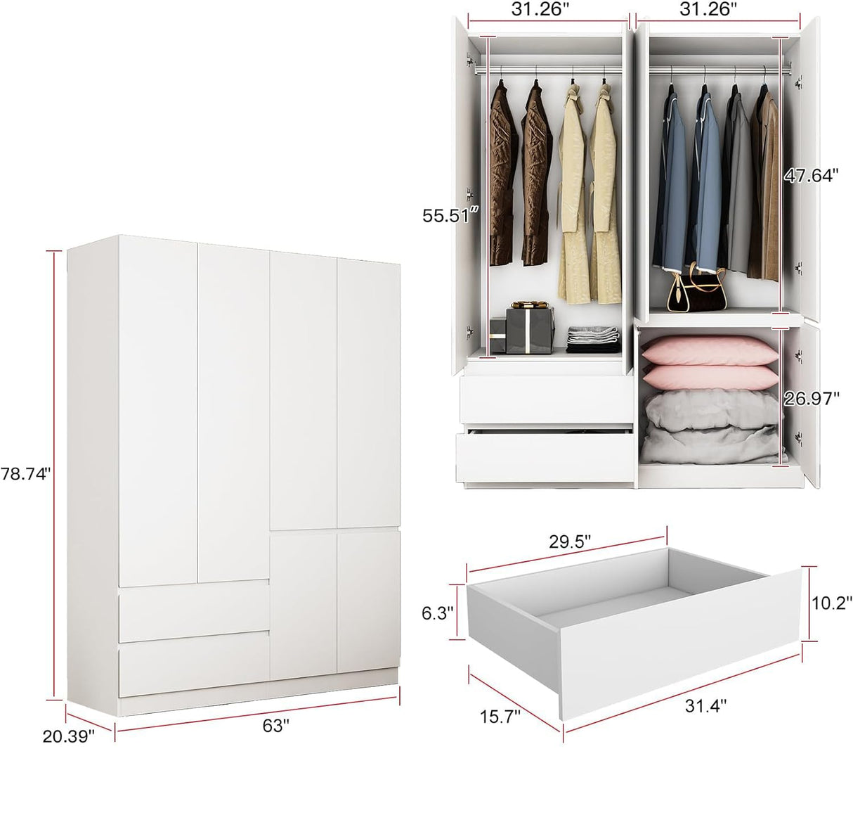 Jiaoun 78.74" 4-Door Armoire Wardrobe Closet, with Drawers and Shelves,Armoires and Wardrobes with Hanging Rod, Wooden Wardrobe Closet（White） 63" L x 20.39" W x 78.74" H Jiaoun