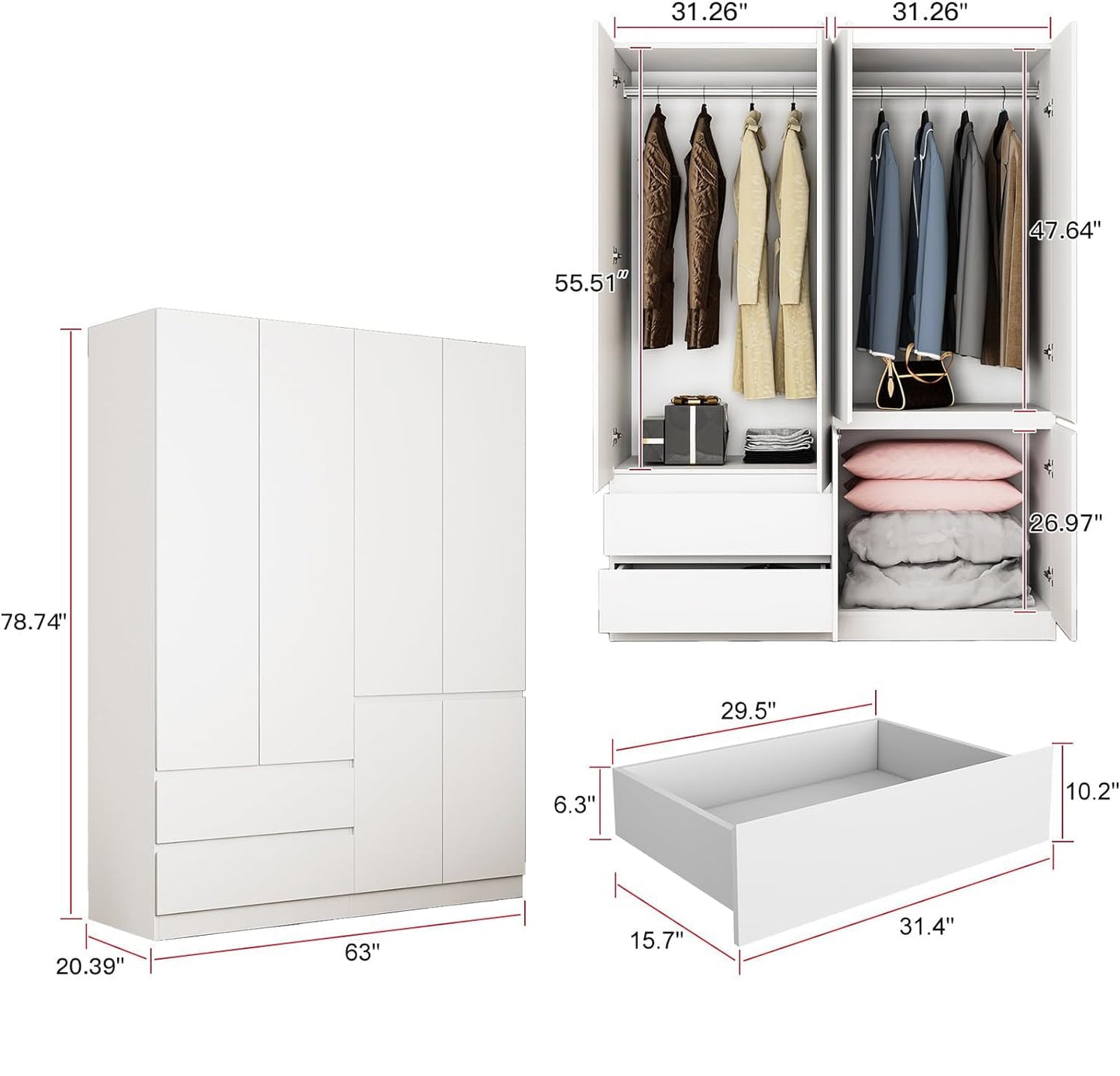 Jiaoun 78.74" 4-Door Armoire Wardrobe Closet, with Drawers and Shelves,Armoires and Wardrobes with Hanging Rod, Wooden Wardrobe Closet（White） 63" L x 20.39" W x 78.74" H - WoodArtSupply