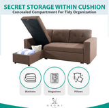 Naomi Home Jenny Sectional Sofa Sleeper with Storage Chaise, Tufted Pull Out Couch with Storage, Sectional Sofa Bed, L-Shaped Reversible Sleeper Sofa with Storage, Mocha,Velvet Naomi Home