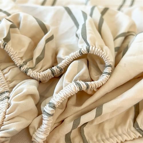 VM VOUGEMARKET Striped Fitted Sheet Queen 1 Piece,Washed Cotton Beige Single Bottom Sheet with 15" Deep Pocket,Comfortable and Breathable Mattress Cover,60" x 80" VM VOUGEMARKET