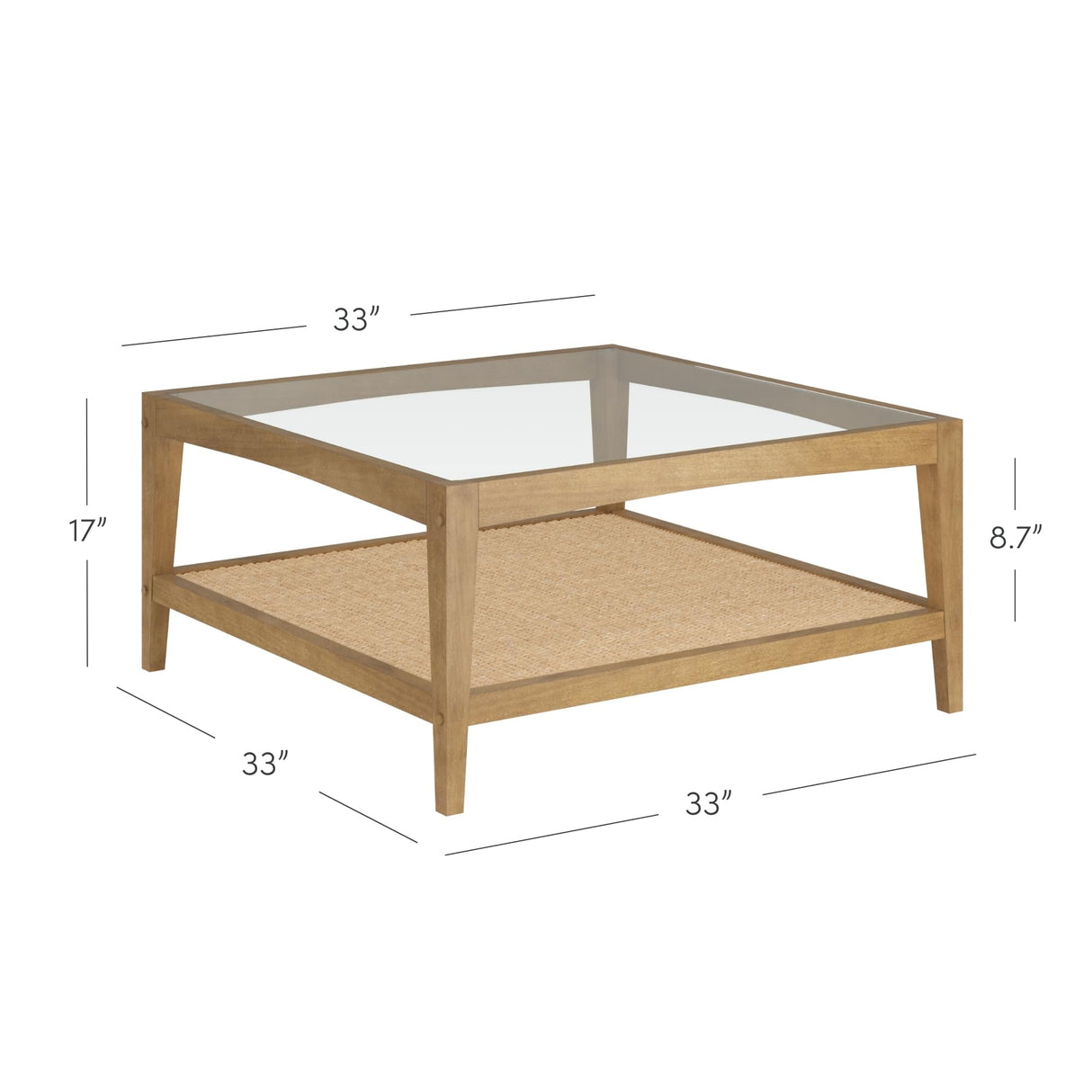 Nathan James Hayes Glass Top Coffee Table, Solid Wood Coffee Table with Glass Top and Rattan Bottom Shelf, Light Brown Nathan James