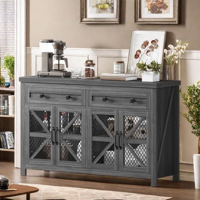 YITAHOME 55'' Farmhouse Buffet Cabinet with Storage, Large Sideboard Cabinet with 4 Mesh Decorated Doors & 2 Drawers, Kitchen Storage Cabinet Coffee Bar Cabinet, Living Room, Dark Grey