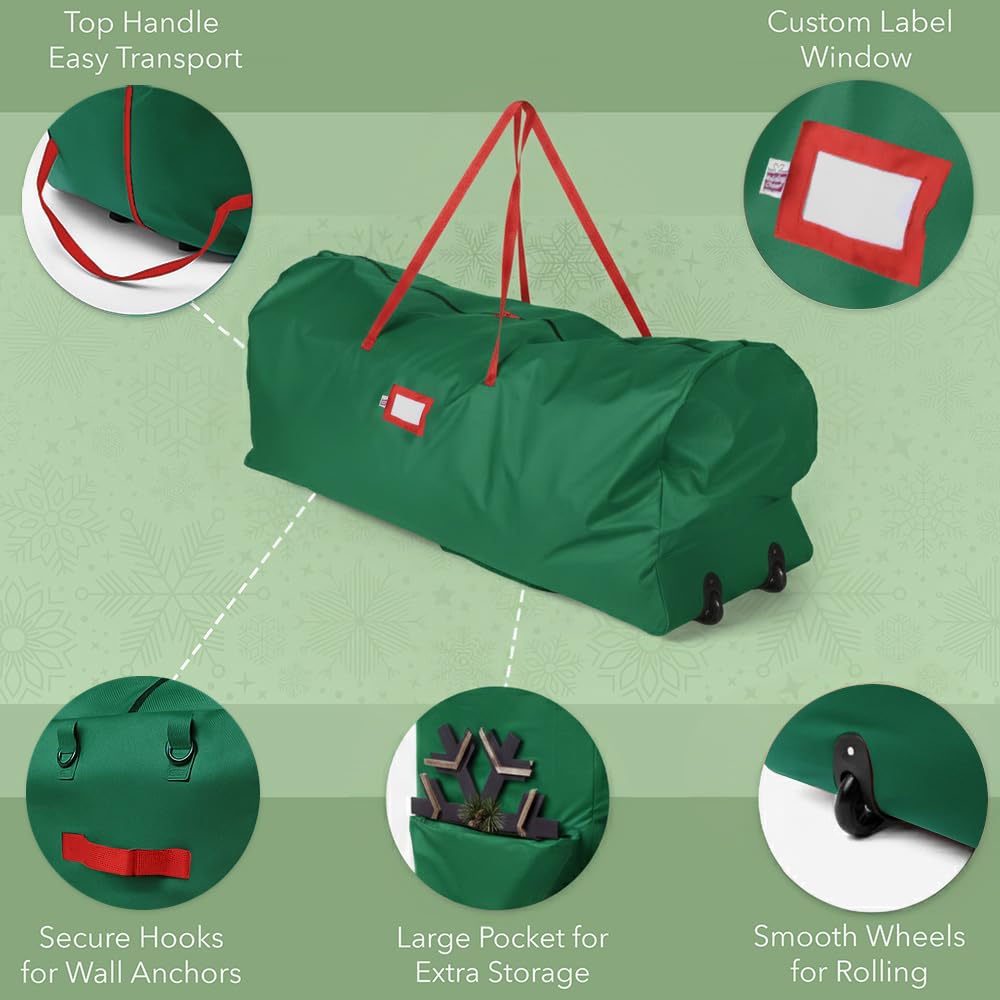 Holiday Cheer Christmas Tree Storage Bag with Wheels – Heavy Duty Christmas Tree Bag Fits Up to 9ft Tall Artificial Christmas Tree, Waterproof, Durable Handles & Zipper – Xmas Tree Storage Bag (Green) Holiday Cheer