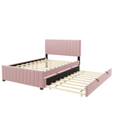 Full Bed Frame with Trundle Bed,Velvet Upholstered Platform Bed Frame,Full Size Trundle Bed with Headboard for Kids Teens Adults(Pink) Bellemave