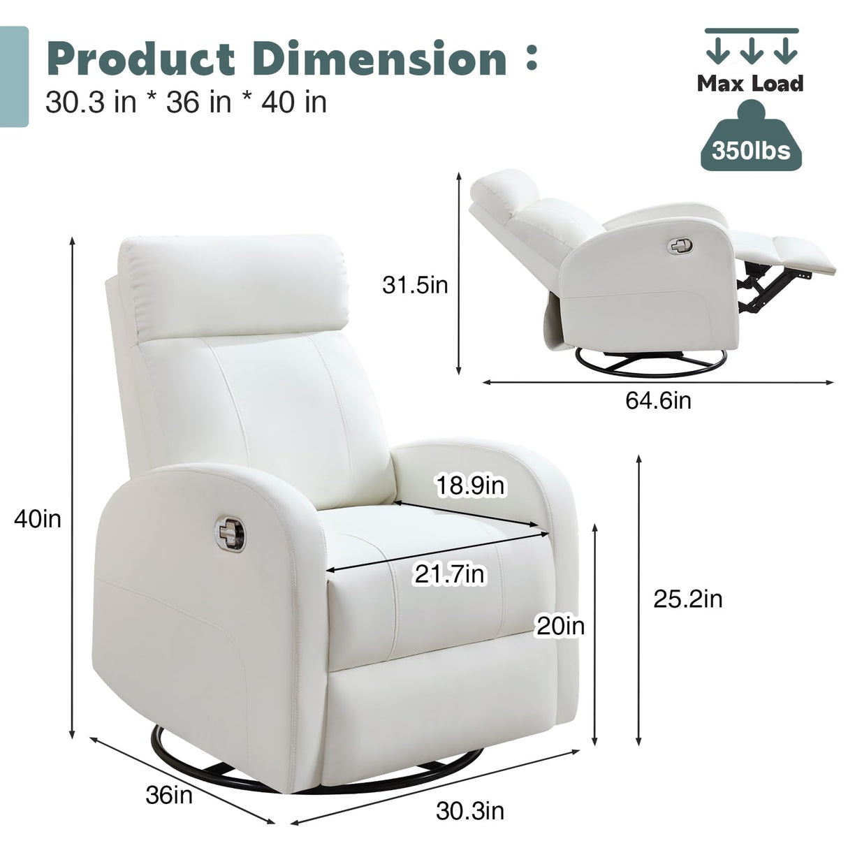 HOMYKA Swivel Rocker Recliner, Manual Glider Rocking Recliner Chair, Leather Swivel Reclining Lounge Chair Nursery Glider Recliners for Small Spaces, Living Room, White HOMYKA