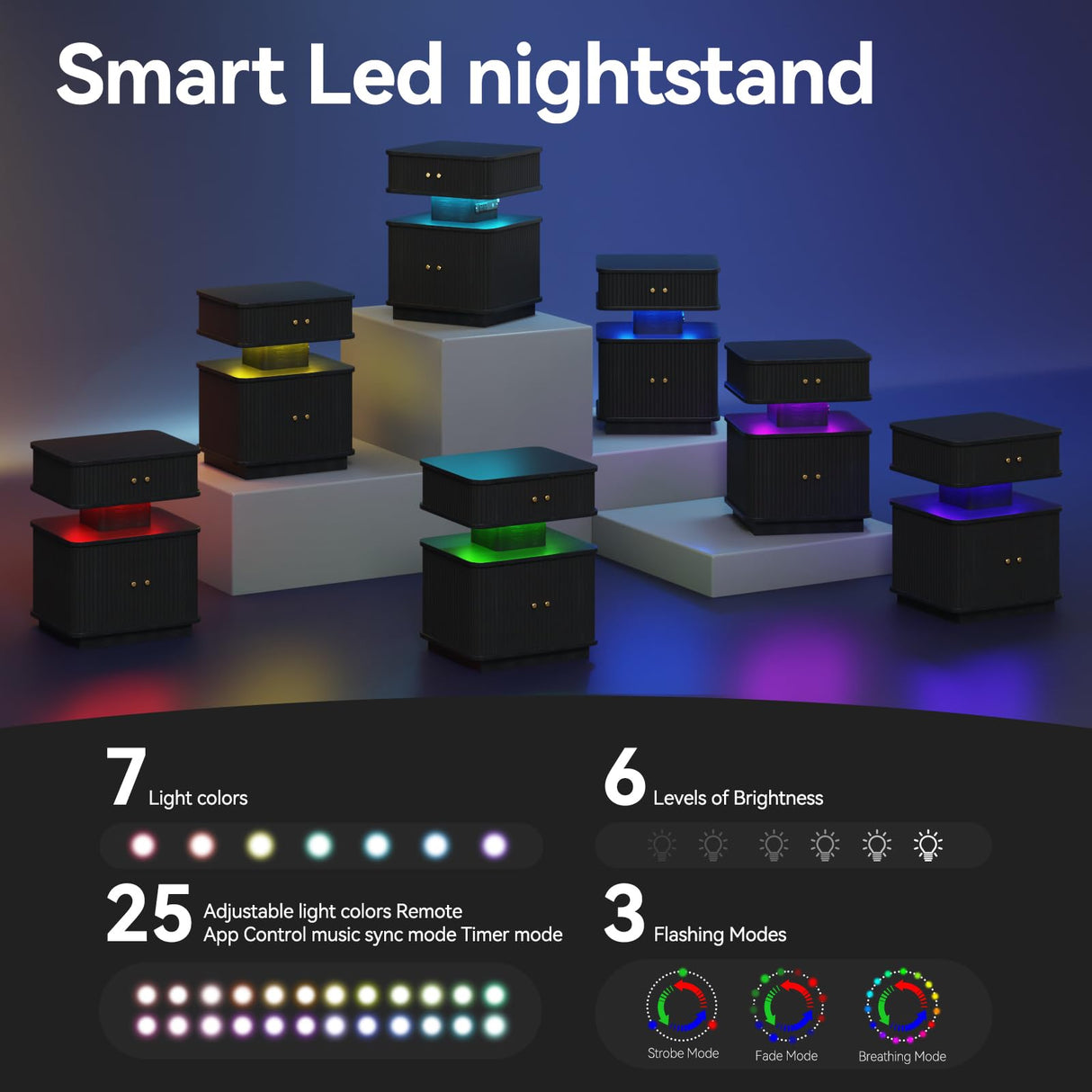 Night Stand, LED Nightstand, Bedroom Night Stand with Charging Station, 2 Drawer Nightstand, Modern Nightstands with Curvy Edge and Sliding Door, Small Bedside Table for Bedroom, Black AKMAKM