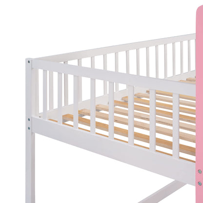 Harper & Bright Designs Low Bunk Bed Twin Over Twin, Wooden Bunk Bed Frame for Kids Girls Boys, Castle Shape Design (Pink)