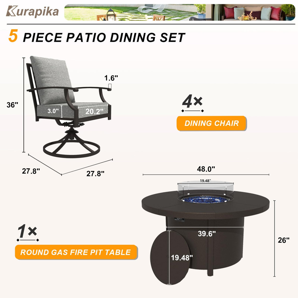 Kurapika 5 Piece Metal Outdoor Patio Furniture Set with Round Fire Pit Table, Patio Conversation Sets 4 Swivel Chairs with Thick Cushion and 40000 BTU Fire Pit Table, Gray Kurapika