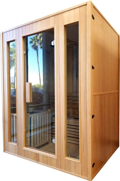 Canadian Hemlock Wood Traditional Swedish 60" 2 or 3 Person Indoor Sauna Spa, with 6KW Wet or Dry Heater, Advanced Control Panel, Rocks, and Water Bucket